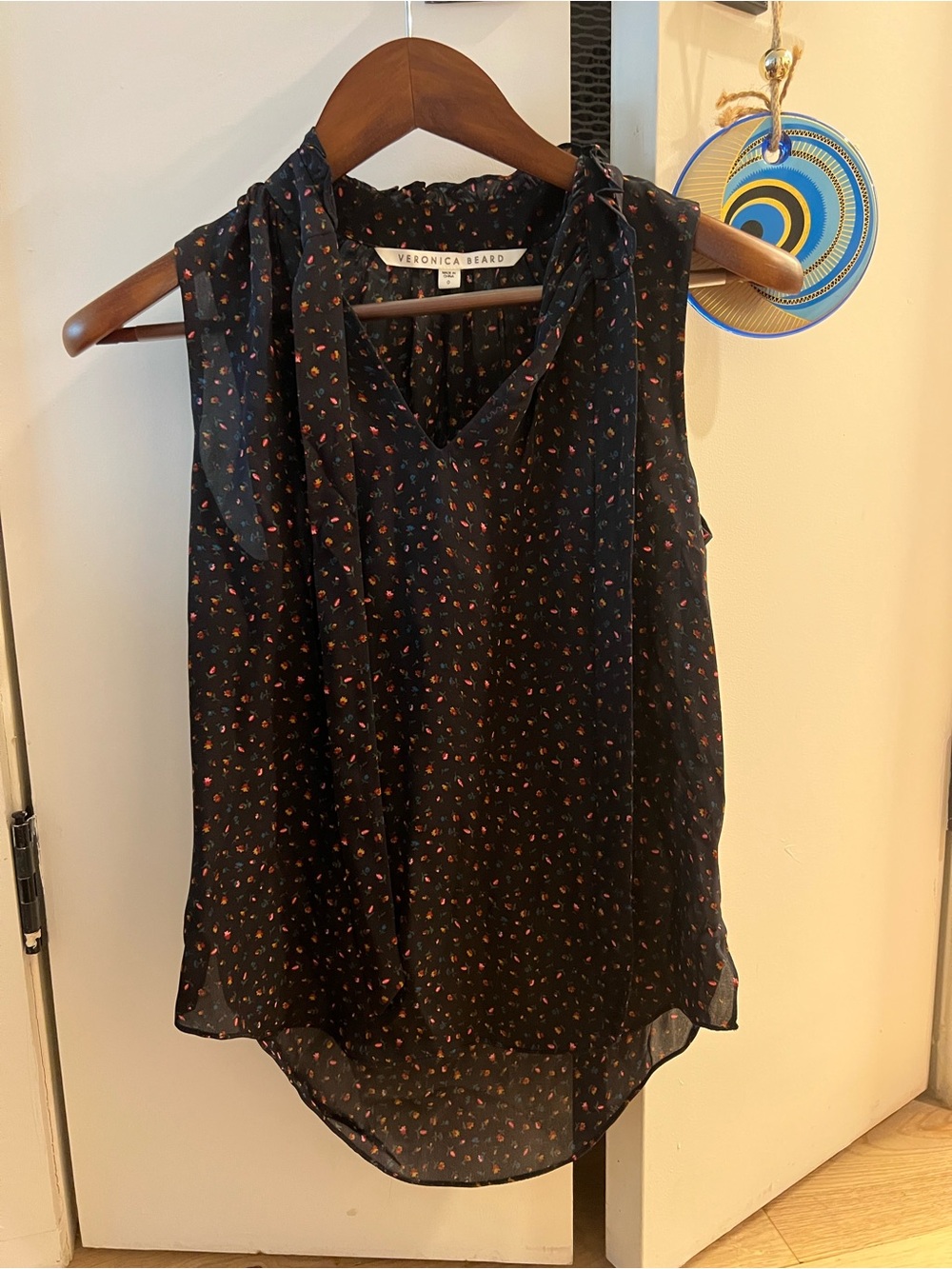 Veronica Beard Black Silk Sleeveless V-Neck Camisole with Red floral Print